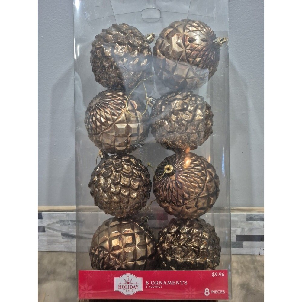 Holiday Time Gold Textured Hanging Ornaments Set Of 8 New In Original Box
